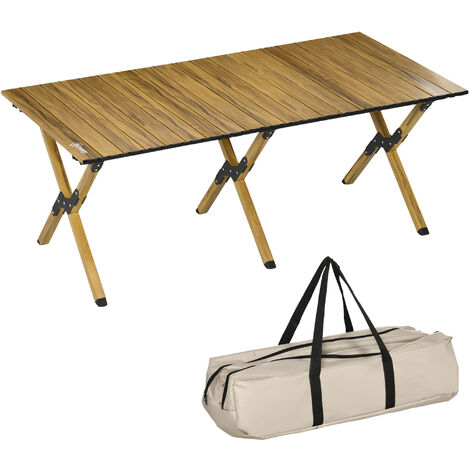Table de camping pique-nique jardin pliable en aluminium avec sac de transport - dim. 116L x 60l x 45H cm - aspect bois - Beige