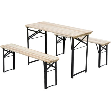 Table de camping pique-nique pliable portable + 2 bancs pliables métal époxy noir bois massif sapin