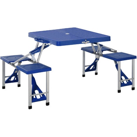 Table de camping pique-nique pliante portable en plastique avec 4 sieges bleu