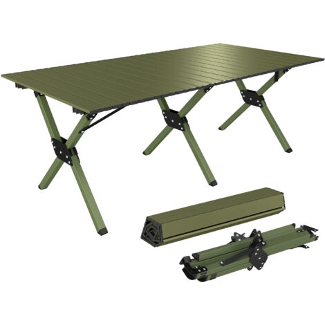 Table de camping pliante 116 cm plateau roulable imperméable structure métal portable