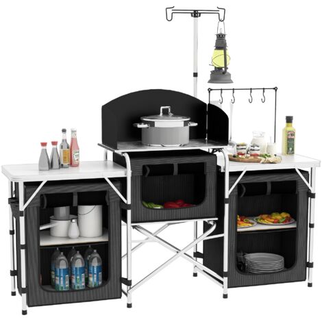 Table de Camping Pliante 3 Niveaux 5 Étagères Intérieures et 4 Crochets, 172x48x130 cm, Noir