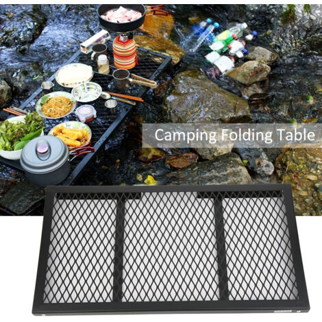 Table de Camping Pliante avec Grille et Rangement Intégré en Fer