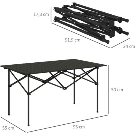 Table de camping pliante avec plateau enroulable, table de jardin en aluminium, 2 personnes, 95 x 55 cm, noire