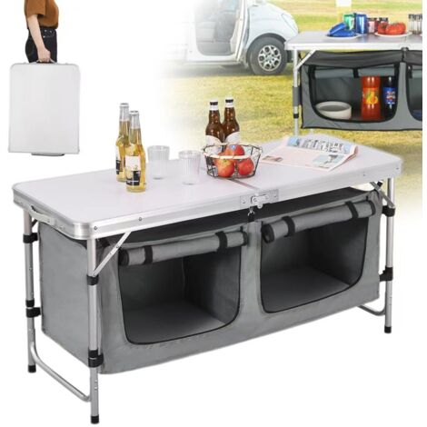 Table de camping pliante avec sac de rangement, hauteur réglable, style valise, idéale pour les barbecues et les pique-niques dans le jardin.