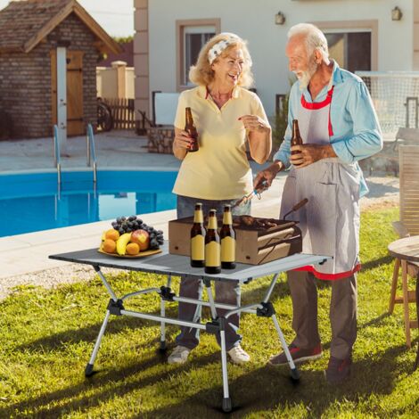 Table de Camping Pliante en Aluminium pour 4-6 Personnes Charge 50 KG Plateau Enroulable à Latte et Sac de Transport Argent Maison Chic