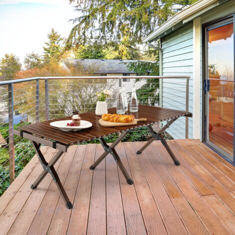 Table de Camping Pliante en Bambou à Latte Enroulable avec Sac de Transport Charge Max 50kg 122 x 60 x 43,5 cm Café Maison Chic