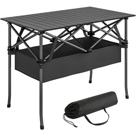 Table de camping pliante et roulante avec rangement filet et sac de transport, idéale pour extérieur, couleur noire