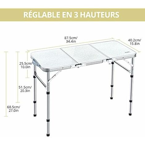 Toboli Table de camping pliante 120x60x70cm Réglable en hauteur 55