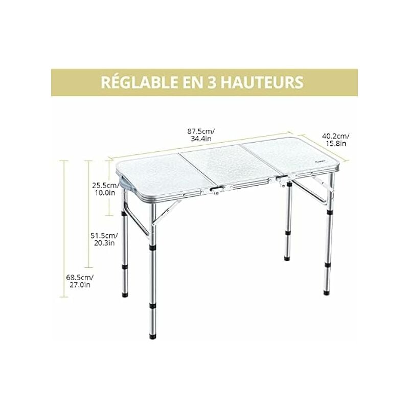 Coavas - Table de Camping Pliante, Pique-Nique Table Pliante avec Rangement Net Table Portable 3 Hauteur en Aluminium+MDF pour Extérieur/Intérieur