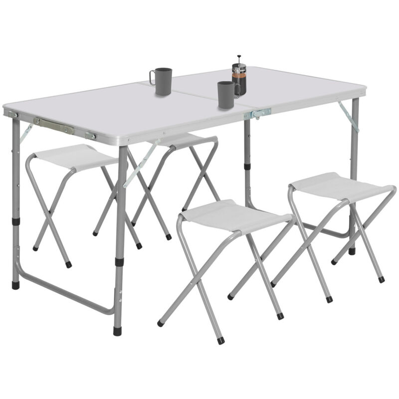 Table de camping pliante réglable en hauteur 120 cm et 4 tabourets blanc