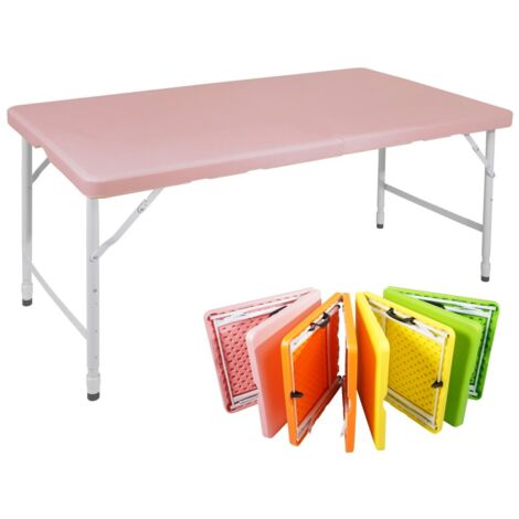 Table de camping pliante robuste 125cm-Hauteur reglable-Portable poignee-Capacite 135kg-Rose-125x61x74(cm)