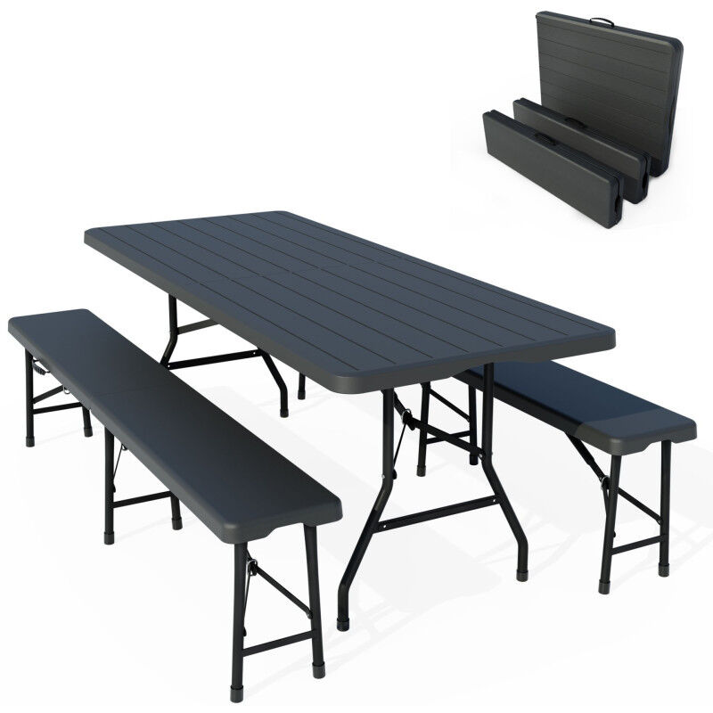 Table de camping table de jardin pliante 180x74x74cm aspect bois avec 2 bancs
