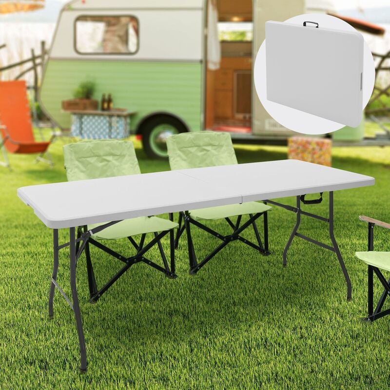 Table de Camping Pliante Blanc, 180 x 74 x 74 cm, en Plastique hdpe , 6 Personnes, Intérieur/Extérieur, avec Poignée de Transport, Table de Buffet