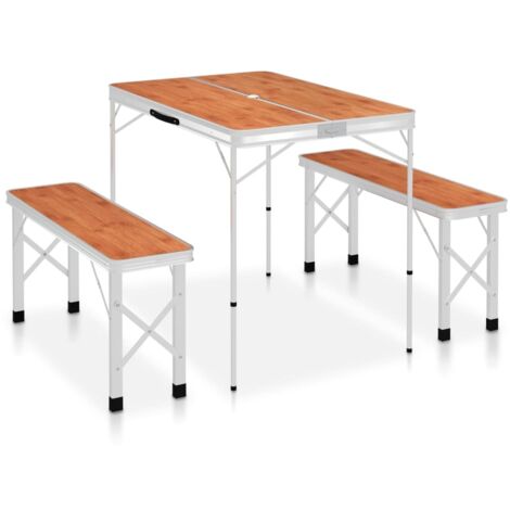 Table de Camping,Table pliable camping pliable avec 2 bancs Aluminium Marron -22046