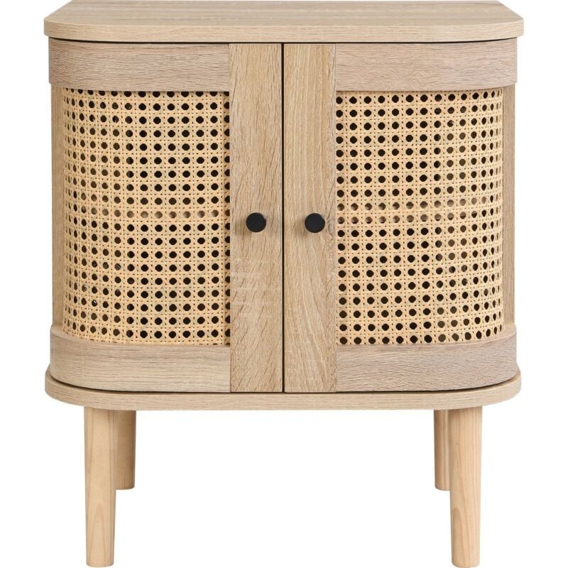 Homifab - Table de chevet 1 porte couleur chêne et cannage 40 cm - Bali