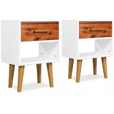 Table de chevet 1 tiroir et 1 niche acacia massif foncé et blanc Soken - Lot de 2