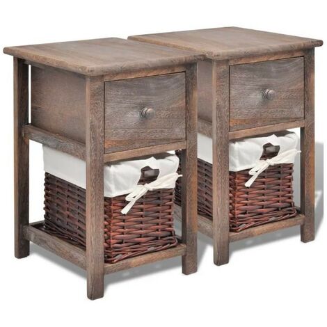 Table de chevet 1 tiroir et 1 panier paulownia massif foncé Poupa - Lot de 2