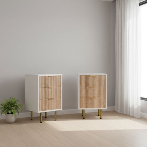Table de chevet 2 pièces (40x40x65 cm) en panneau E1 – 3 tiroirs, style scandinave blanc et chêne. Parfaite en table d’appoint ou meuble de rangement