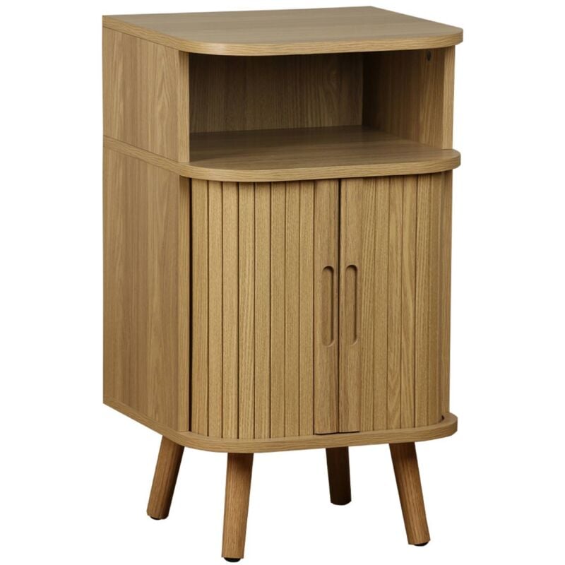 Table de chevet 2 portes coulissantes + 1 niche effet bois rainuré. l 40 x p 40 x h 70cm