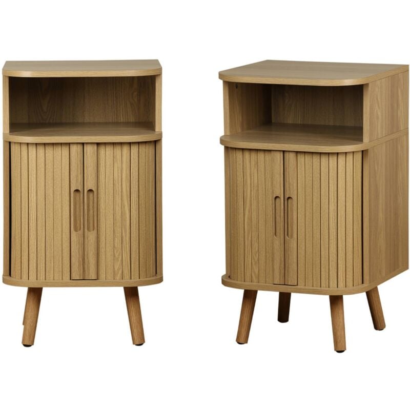 Lot de 2 tables de chevet 2 portes coulissantes + 1 niche effet bois rainuré. l 40 x p 40 x h 70cm