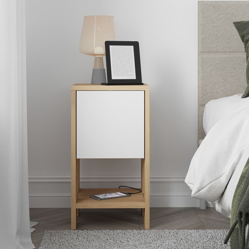 Decortie Ema Table de chevet moderne avec rangement Armoire à portes coulissantes Chêne blanc 30cm de largeur