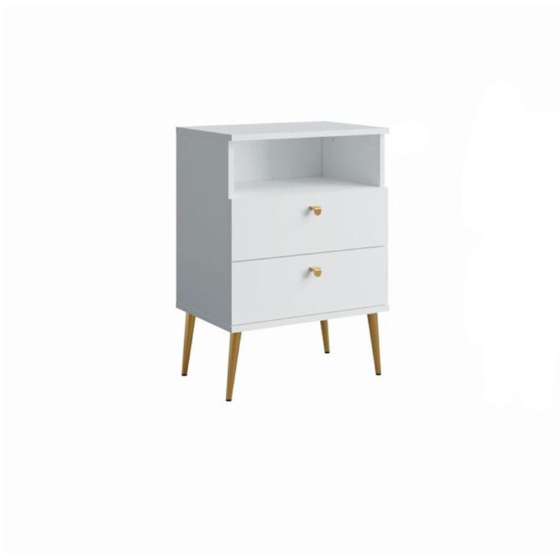 Table de Chevet 2 Tiroirs avec Niche - Blanc Alpin et Pieds en Métal Doré - Collection Aurora