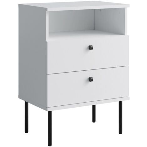 Table de Chevet 2 Tiroirs avec Niche – Coloris blanc – Pieds droits noirs – Collection Aurora
