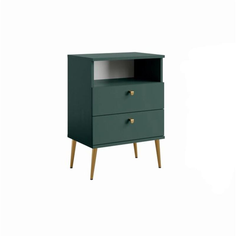 Table de Chevet 2 Tiroirs avec Niche - verte et pieds en métal doré - Collection Aurora