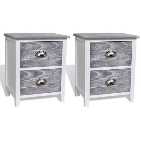 Table de chevet 2 tiroirs bois paulownia blanc et gris Poupa - Lot de 2