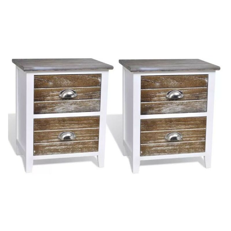Table de chevet 2 tiroirs bois paulownia blanc et marron Poupa - Lot de 2 Table de chevet 2 tiroirs bois paulownia blanc et marron Poupa - Lot de 2