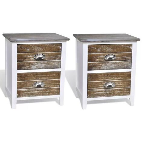 Table de chevet 2 tiroirs bois paulownia blanc et marron Poupa - Lot de 2