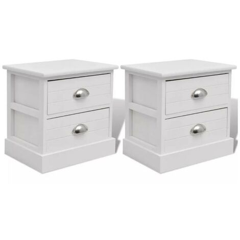 Table de chevet 2 tiroirs bois paulownia blanc Laula - Lot de 2
