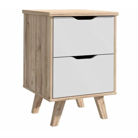 Table de chevet 2 tiroirs décor chêne et blanc pieds bois - ALBANE
