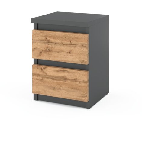 Table de chevet 2 tiroirs en panneau stratifié – Chêne Wotan gris mat – H 40cm L 30cm Gl 30cm – Ouverture sans poignée