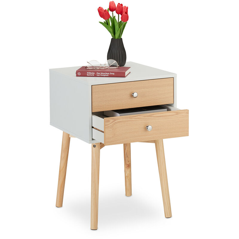 Relaxdays - Table de chevet, 2 tiroirs, HxLxP: 60x40x40 cm, pour chambre à coucher, commode de nuit, blanc-nature