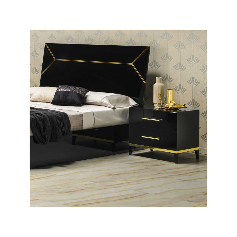 Table de chevet 2 tiroirs Noir brillant/Or - ladabi - l 60 x l 43 x h 55 cm