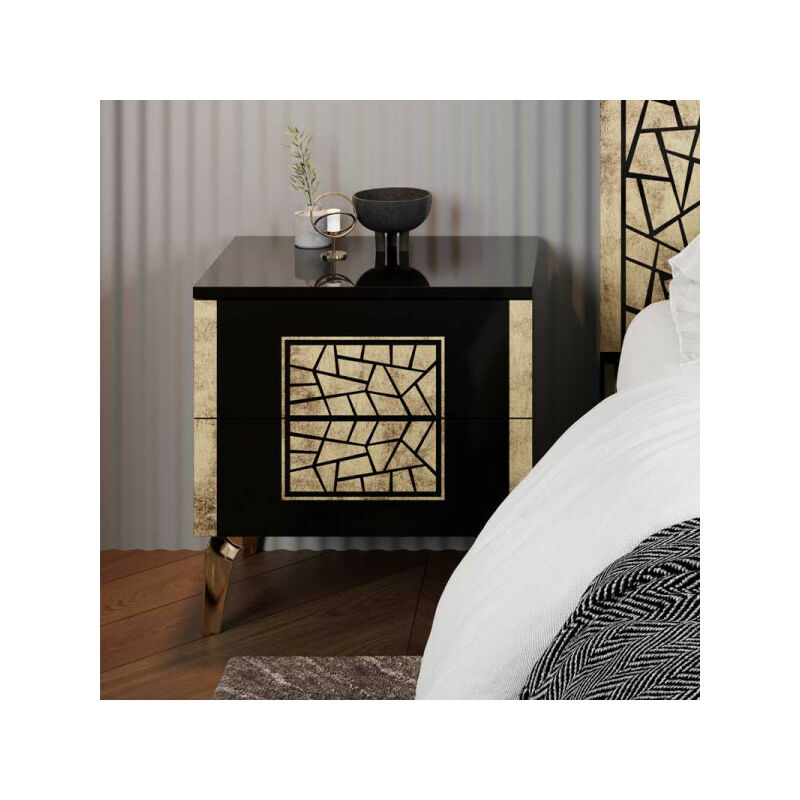 Table de chevet 2 tiroirs Noir brillant/Or - nahesa - l 52 x l 37 x h 54 cm