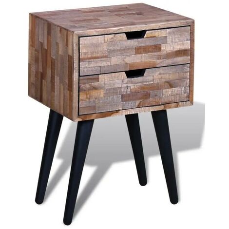 Table de chevet 2 tiroirs teck recyclé clair et pieds métal noir Nelly
