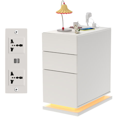 Table de Chevet 3 Étagères avec 2 Prises & 2 Ports USB Intégrés - Panneau de Particules Résistant (30x50x63cm), Multifonctionnelle pour Salon/Chambre/Bureau - Gain de Place & Charge Rapide