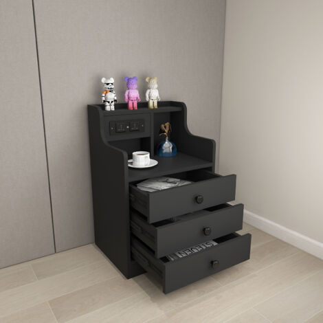 Table de Chevet 3 Tiroirs avec Prises & Ports USB Intégrés - Panneau de Particules Résistant Noir (35x45x68cm), Multifonctionnelle & Gain de Place - Charge Rapide pour Chambre Moderne/Bureau