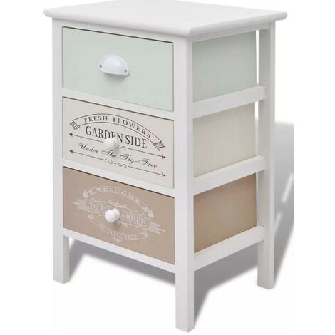 Table de chevet 3 tiroirs bois paulownia massif blanc Frenchy