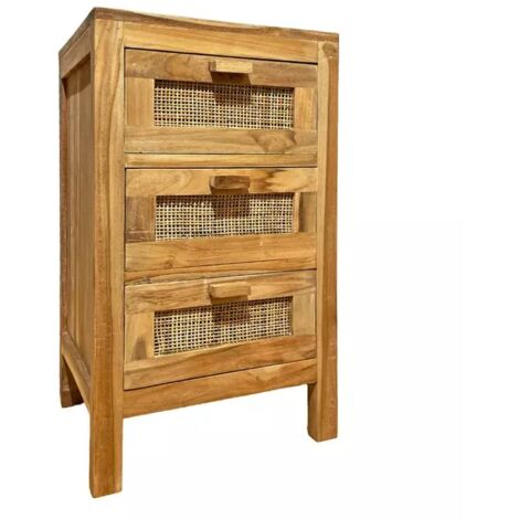 Table de chevet 3 tiroirs en teck massif et cannage rotin – CAMILO