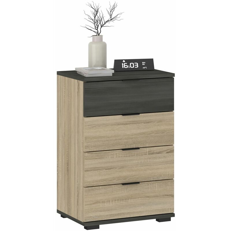 Table de chevet 4 tiroirs tarbes table de nuit haute, en mélaminé frêne gris et chêne sonoma