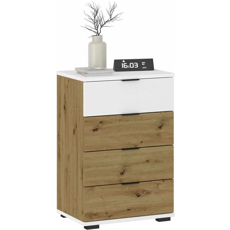 Table de chevet 4 tiroirs tarbes table de nuit haute, en mélaminé chêne artisan et blanc