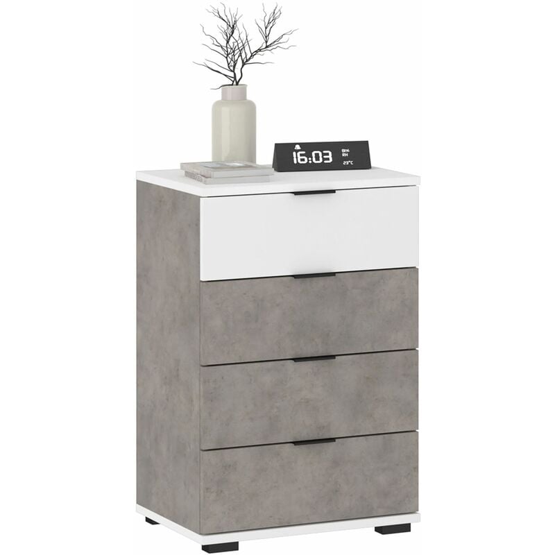 Idimex - Table de chevet 4 tiroirs tarbes en mélaminé effet béton et blanc