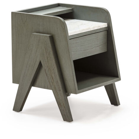 Table de chevet 46x45x45 Bois Gris/Marbre Blanc