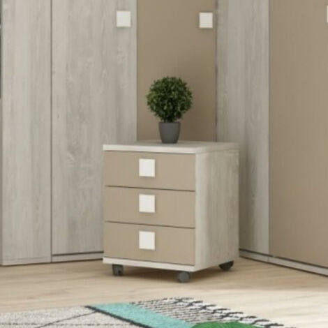 Table de chevet 46x46x60h blanc usé 3 tiroirs
