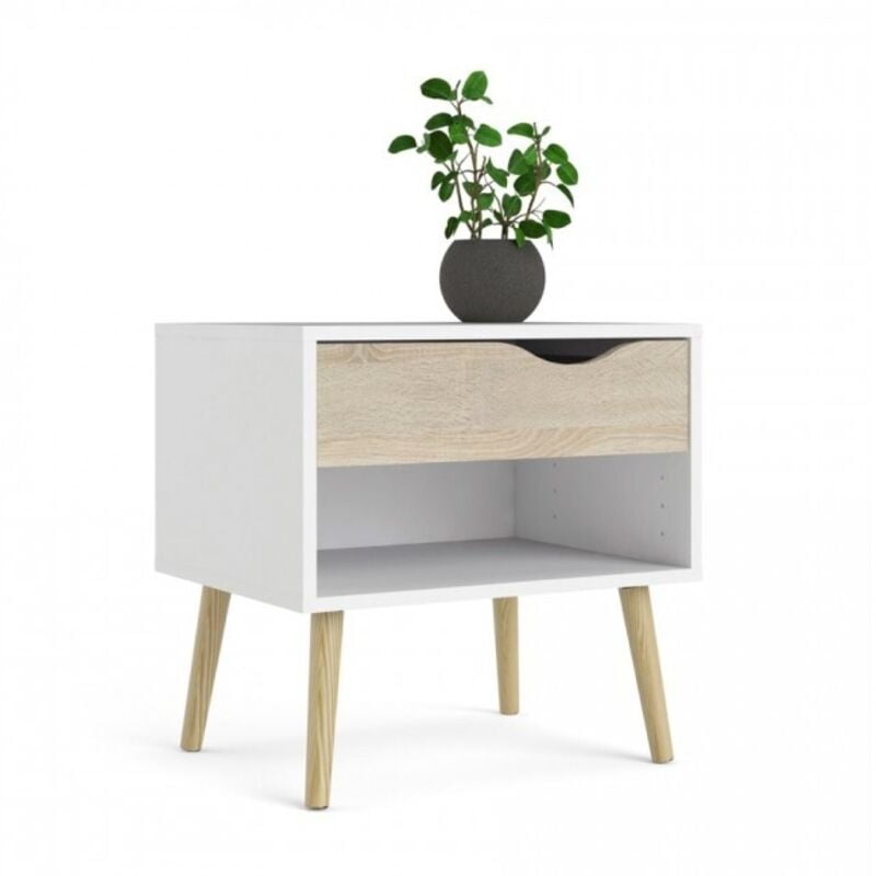 Table de chevet blanc mat et chêne avec tiroir et compartiment 50x39 cm - Giove