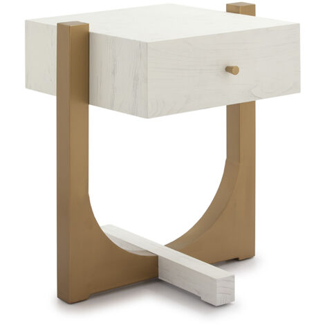 Table de chevet 51x45x61 Bois blanc/Métal doré