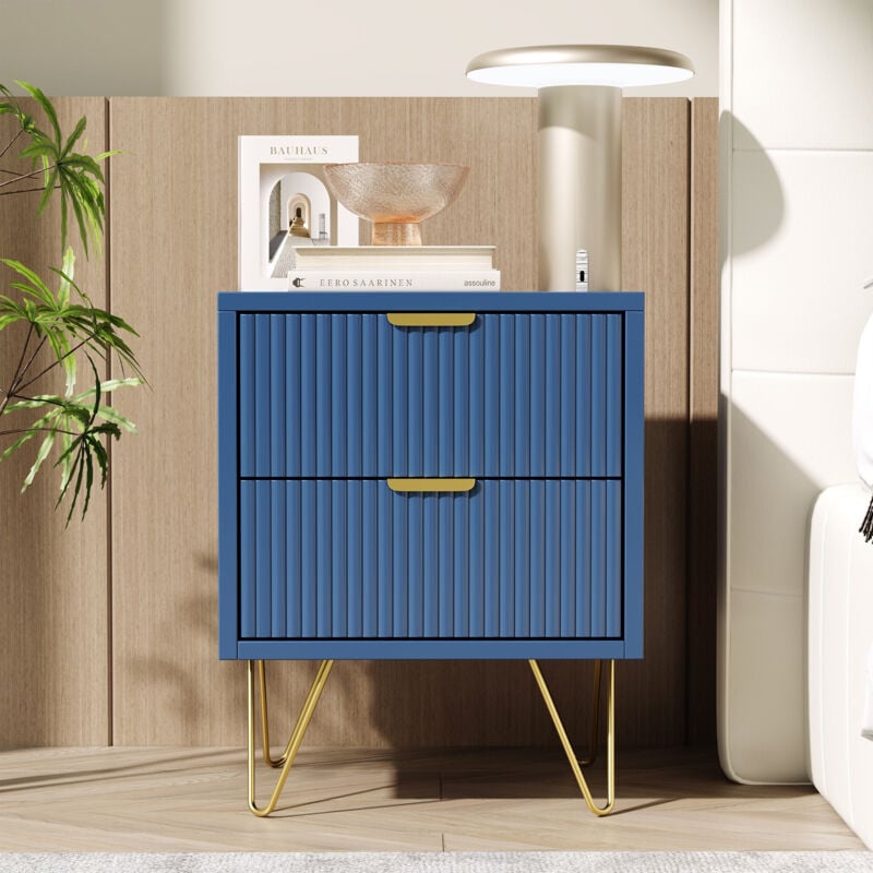 Table de chevet à 2 niveaux, meuble de rangement avec pieds dorés, 40x35x50cm, en bois massif, bleu foncé